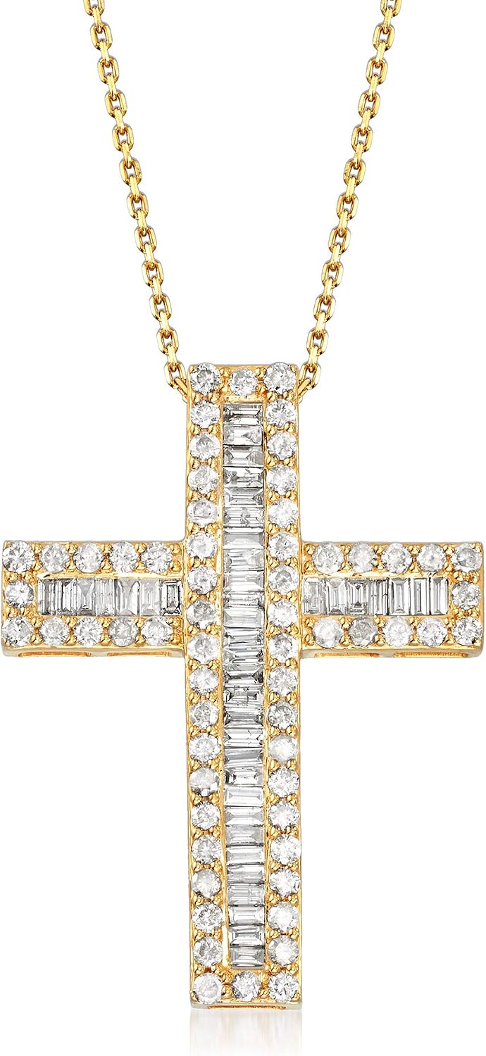 Ross-Simons 3.00 ct. t.w. Baguette and Round Diamond Cross Pendant Necklace in 18kt Gold Over Sterling