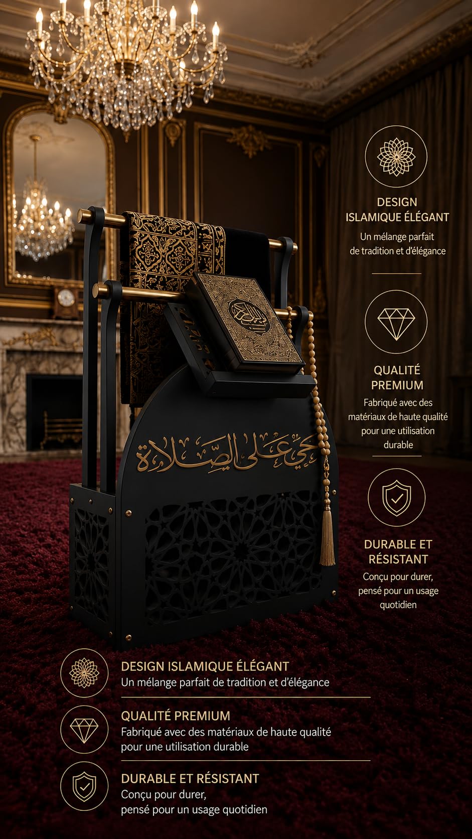 Tapis de Prière Musulman Rangement Coran Tesbih Support