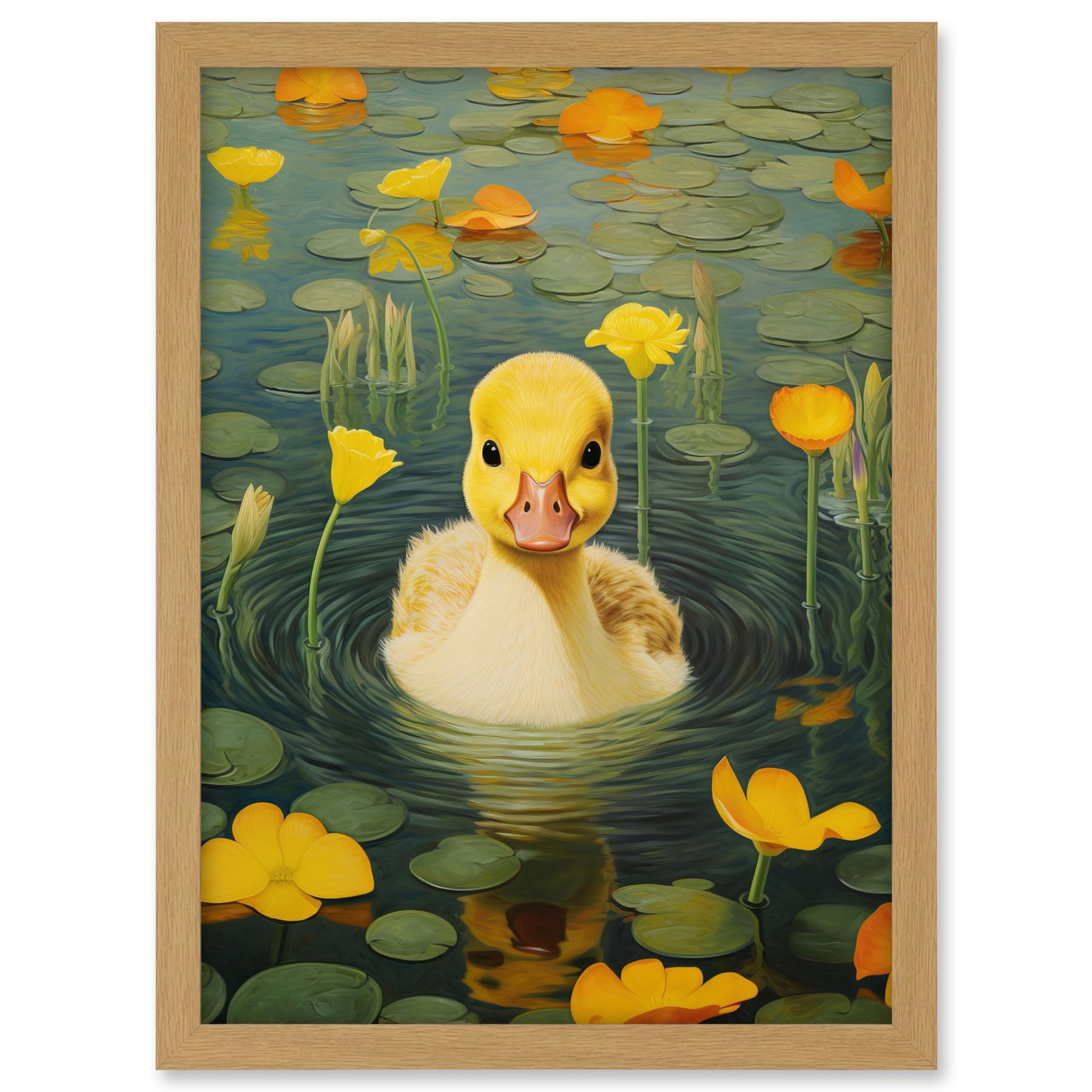 Artery8 Whirlpool Duckling Lily Pads and Flowers Kids Bedroom Nursery Artwork Framed A3 Wall Art Print