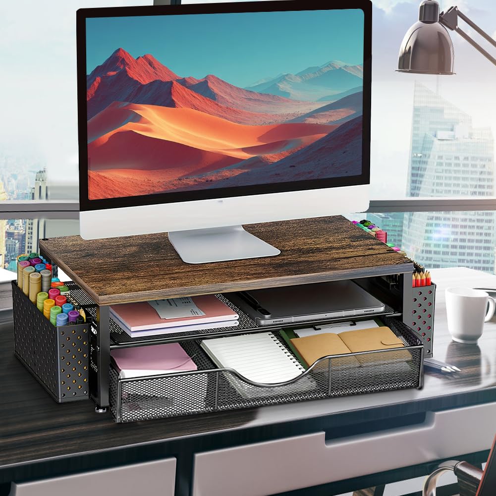 Supporto da scrivania per monitor, organizer da scrivania con 2 portapenne, cassetto, supporto ergonomico da tavolo, accessori da ufficio per schermo e laptop