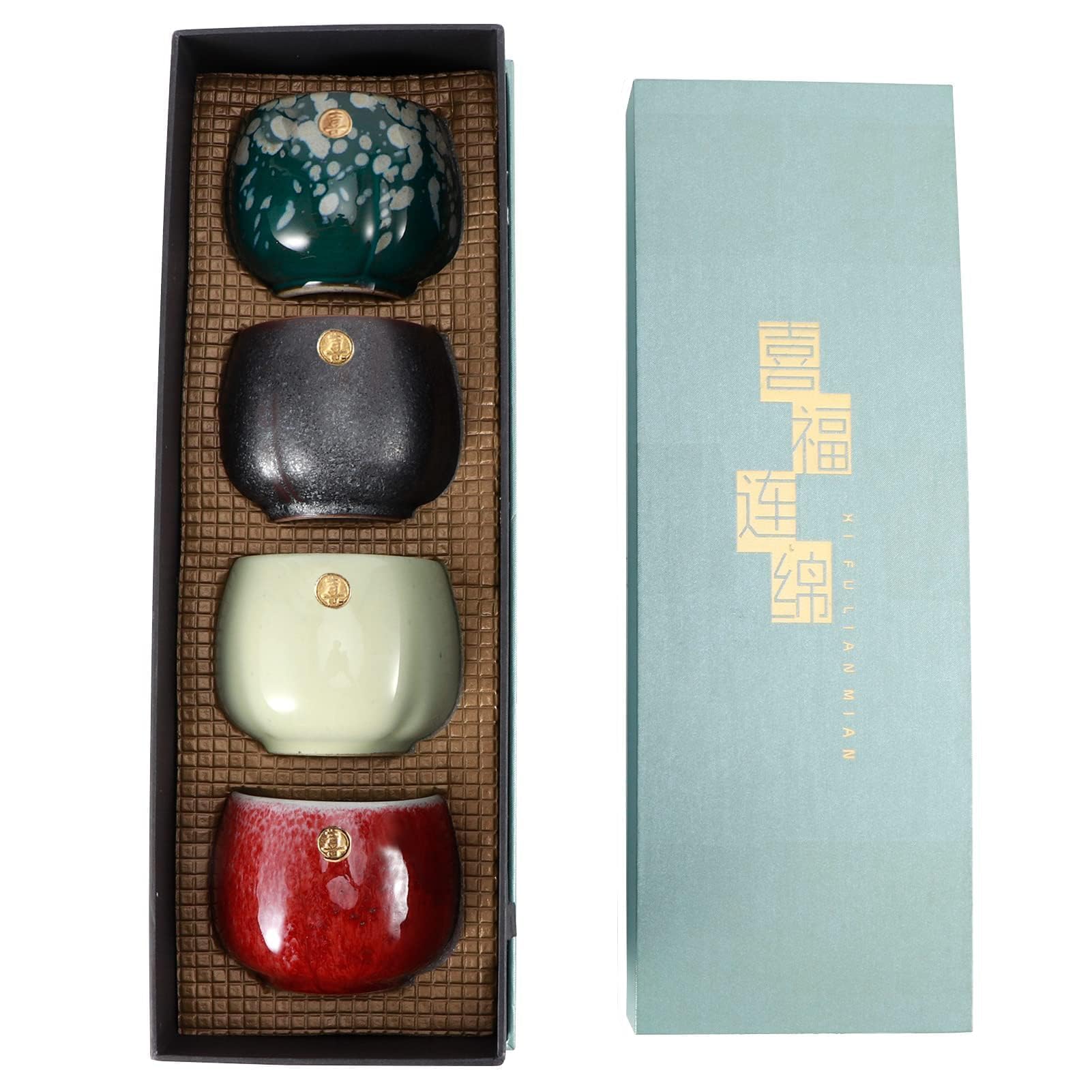 Beufee 4 Pcs Ceramic Tea Cup, Chinese Kung Fu Tea Cup Japanese Retro Tea Mugs in Sake Mugs Set with Box for Drinking(01)