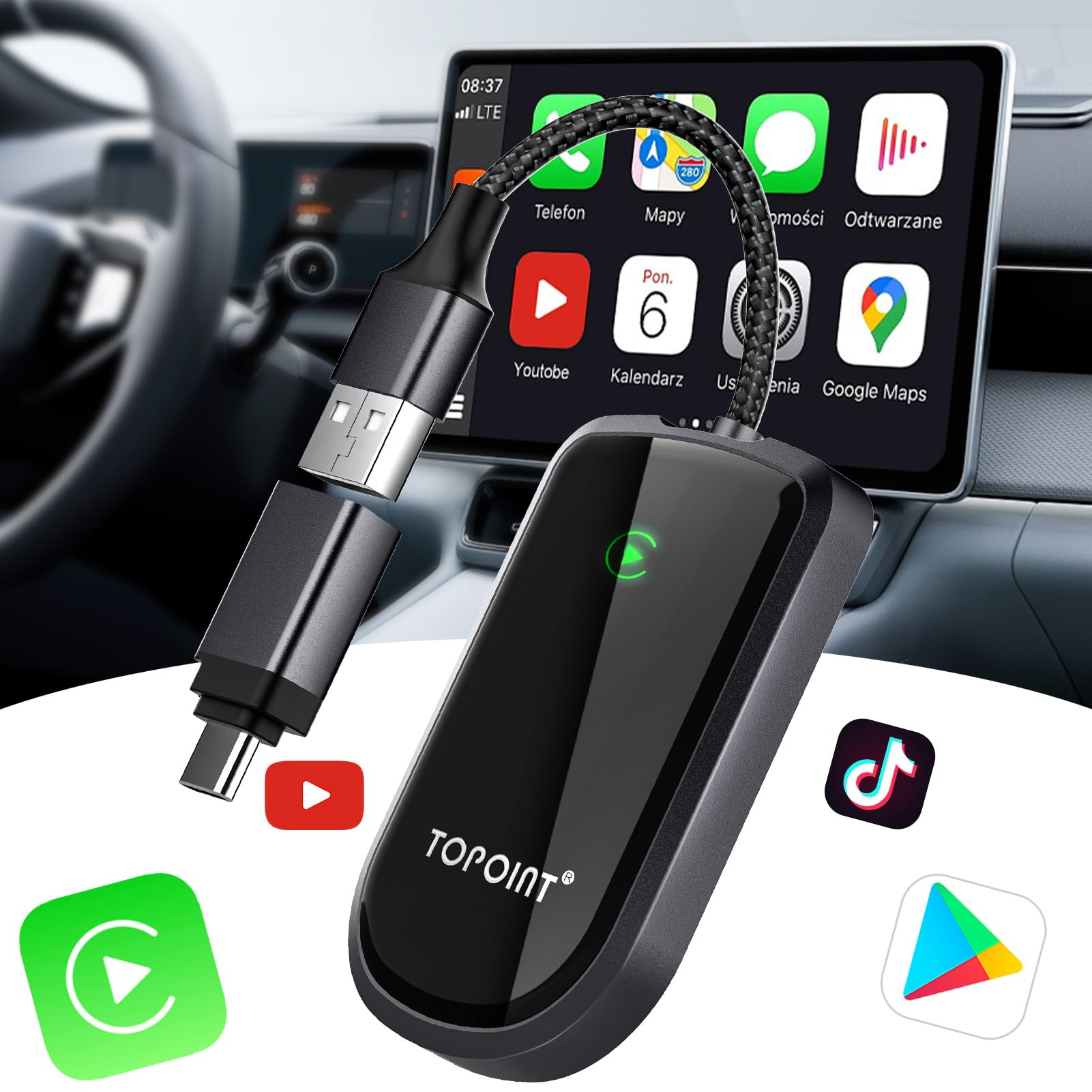 TOPOINT CarPlay Wireless Adapter for Apple, Converts Factory Wired CarPlay to Wireless for Cars from 2017 & for iPhone iOS 10+, Support Phone Call, Siri Voice Control, Music Streaming