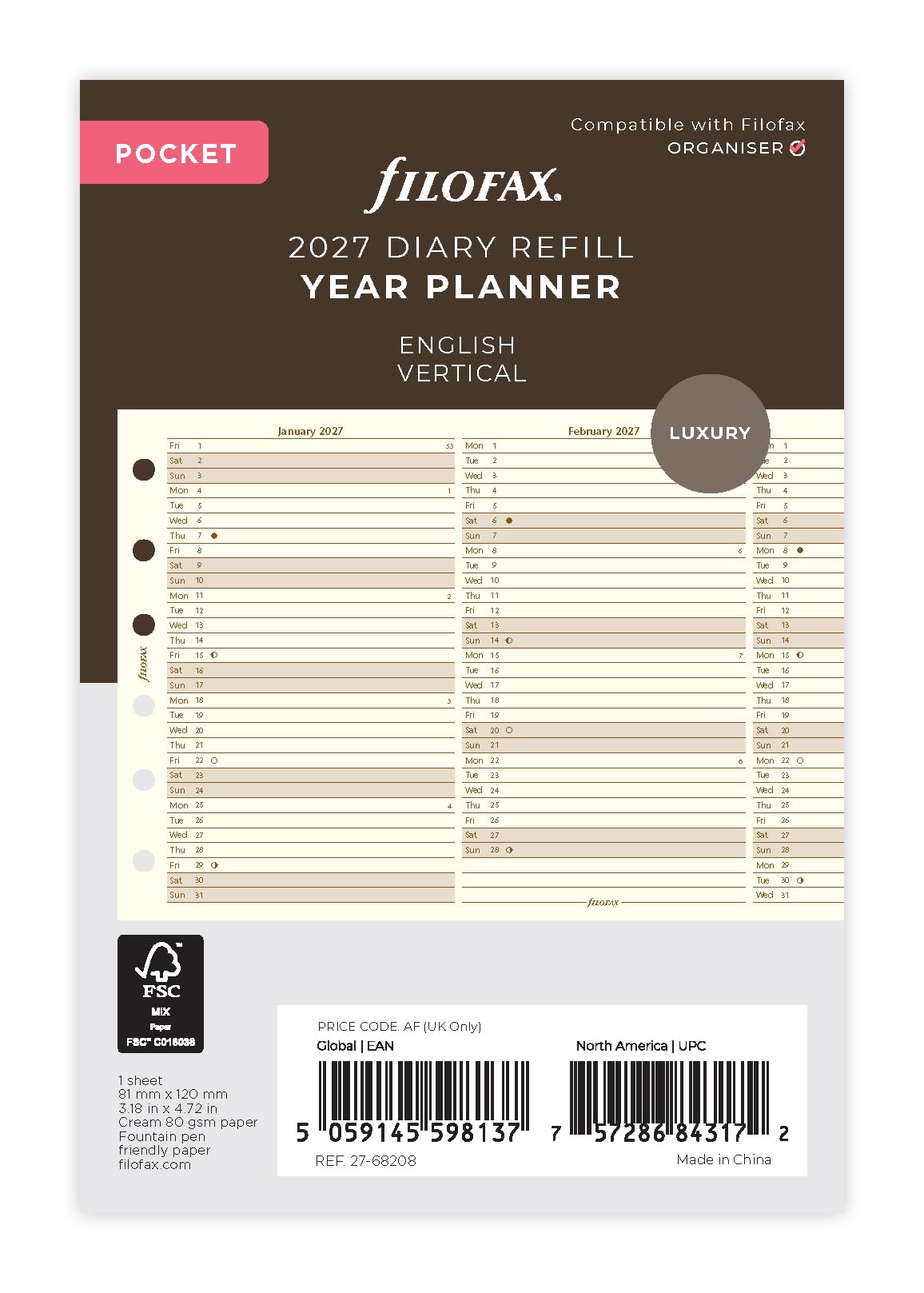 Filofax Pocket Vertical Year Planner 2027 cotton cream