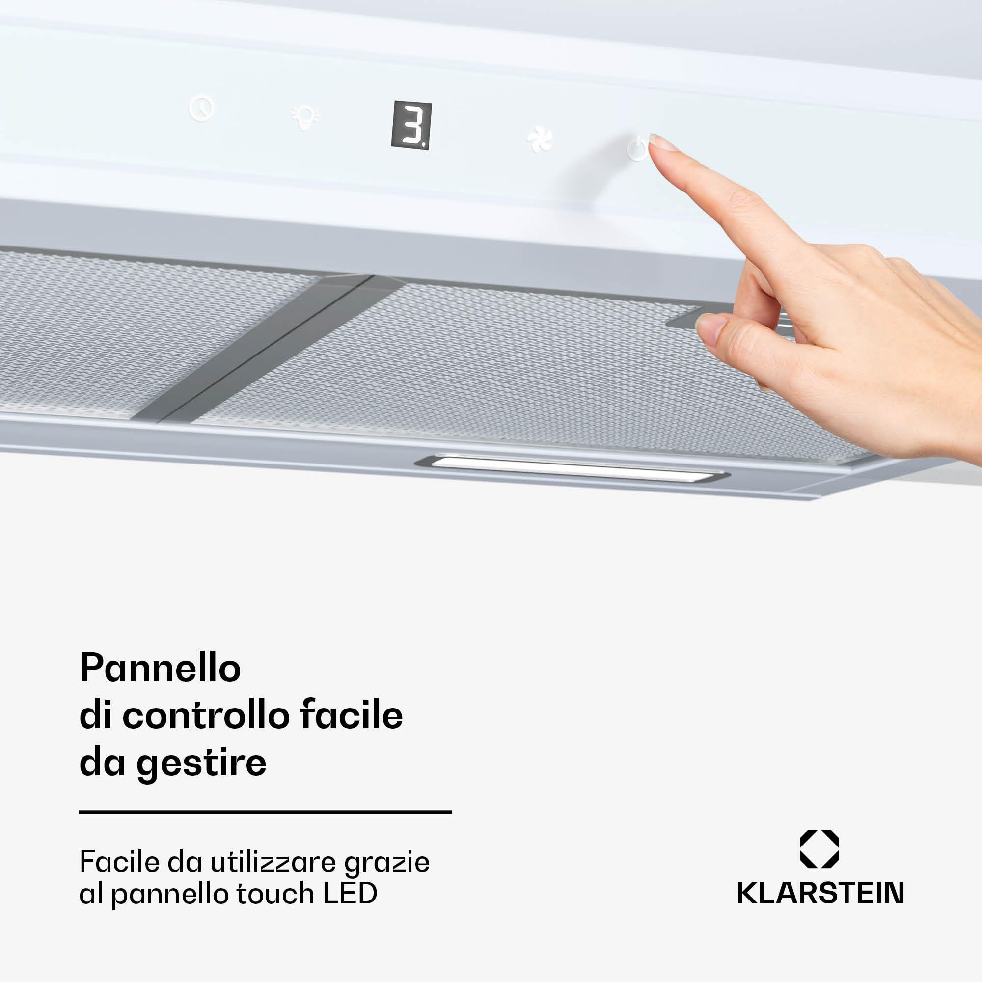 Klarstein Purista Force - Cappa Aspirante da Incasso, 60cm, 400 m³/ora, Doppio Motore, Touch LED, Efficienza Energetica C, Modalità di Scarico/Ricircolo, Illuminazione LED, Bianco