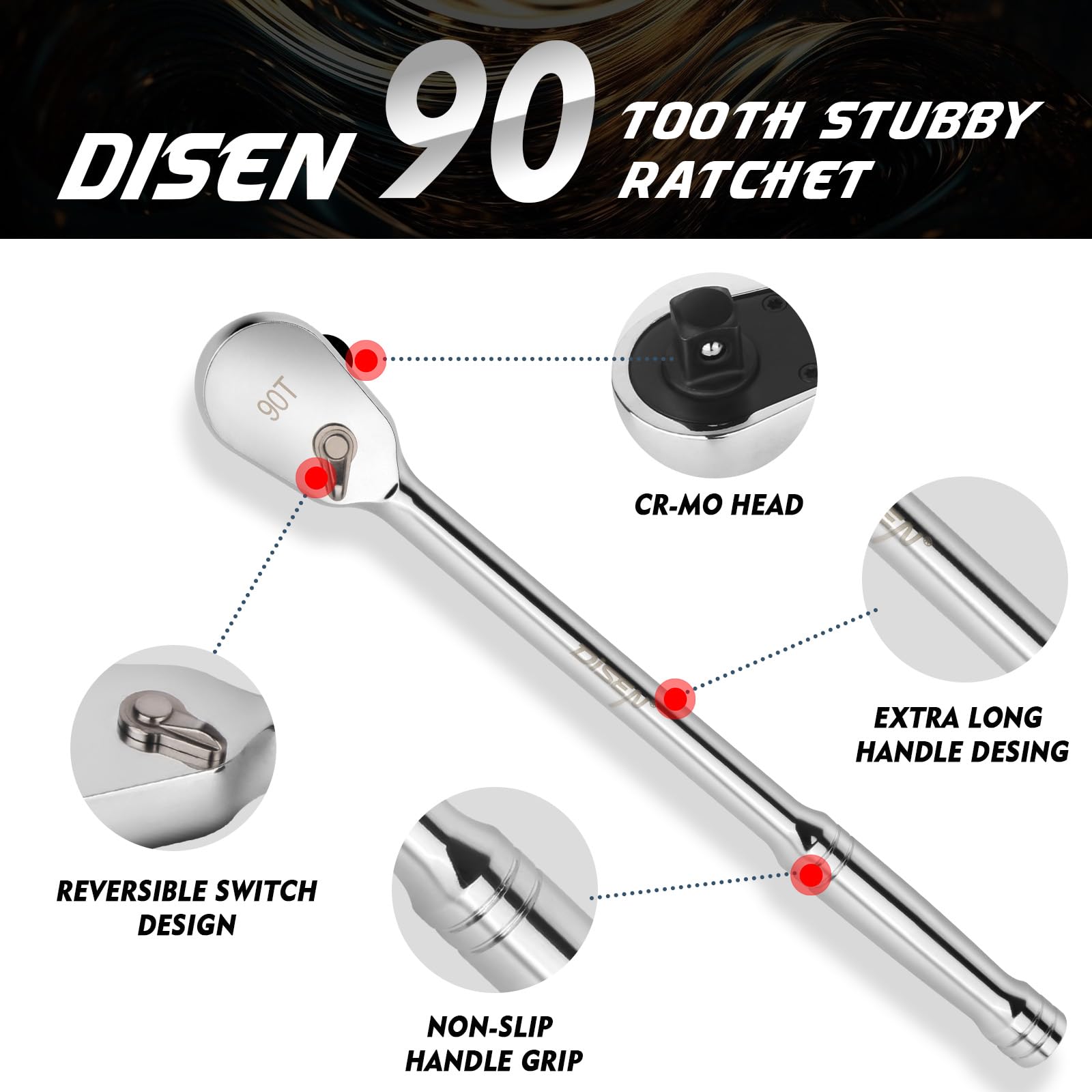 DISEN Extra Long Ratchet - 14" Handle, 90-Tooth -3