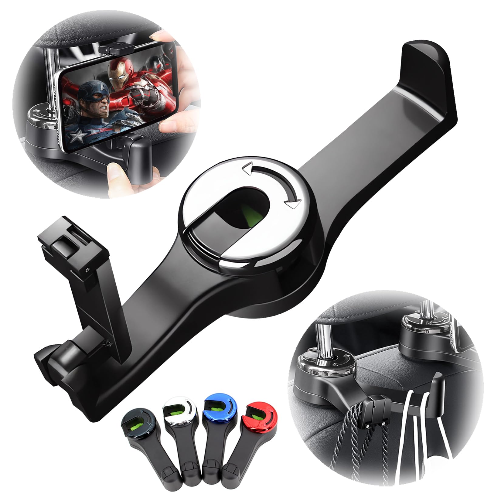 2 in 1 Car Hooks for Bags,Car Bag Hook with Headrest Phone Holder,360°Rotatable Headrest Hooks,Heavy Duty Car Accessories Purse Hook,Seat Storage Organiser for Cloth Grocery,Handbag