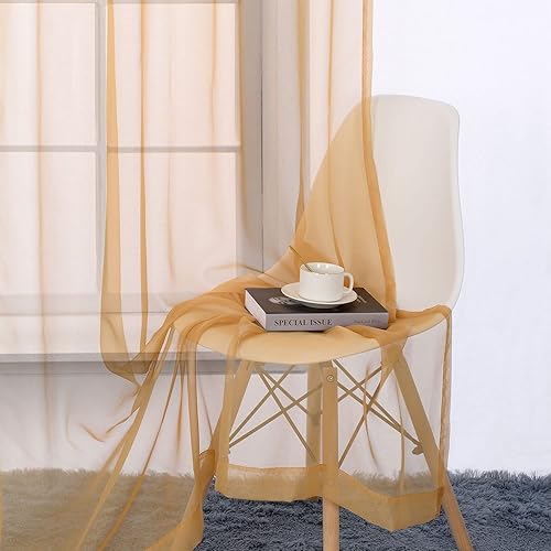 Miniatura 2 de Ruthy's Textile Juego de 2 paneles de cortina de gasa transparente dorada con bolsillo para barra, para dormitorio y sala de estar, 54 x 84