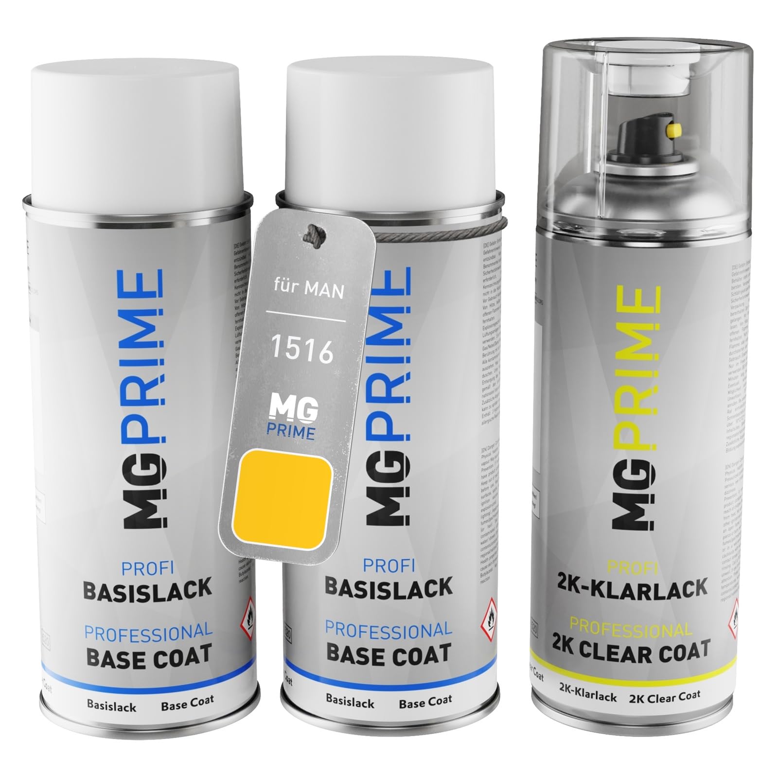 MG PRIME Autolack Set Spraydosen für MAN 1516 Verkehrsgelb + 2K-Klarlack | Set aus Grundlack + Basislack + 2K Klarlack, Sprühdosen 400ml