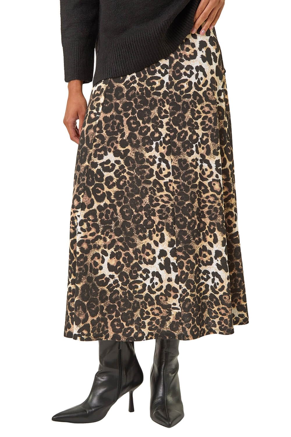 Roman Originals Women's Null Jersey Skirt For Uk - Midi Maxi Floral Animal Print Summer Spring Holiday Swing Smart Casual Work Cocktail Party Going Out Holiday Cruise - Animal Noir - Size 14