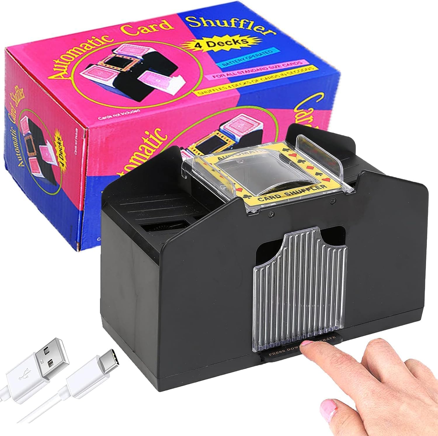 Automatic Card Shuffler Machine for 1-4 Decks - USB/Battery Operated Shuffling Device for Standard Size Playing Cards, Home Table Game Accessory