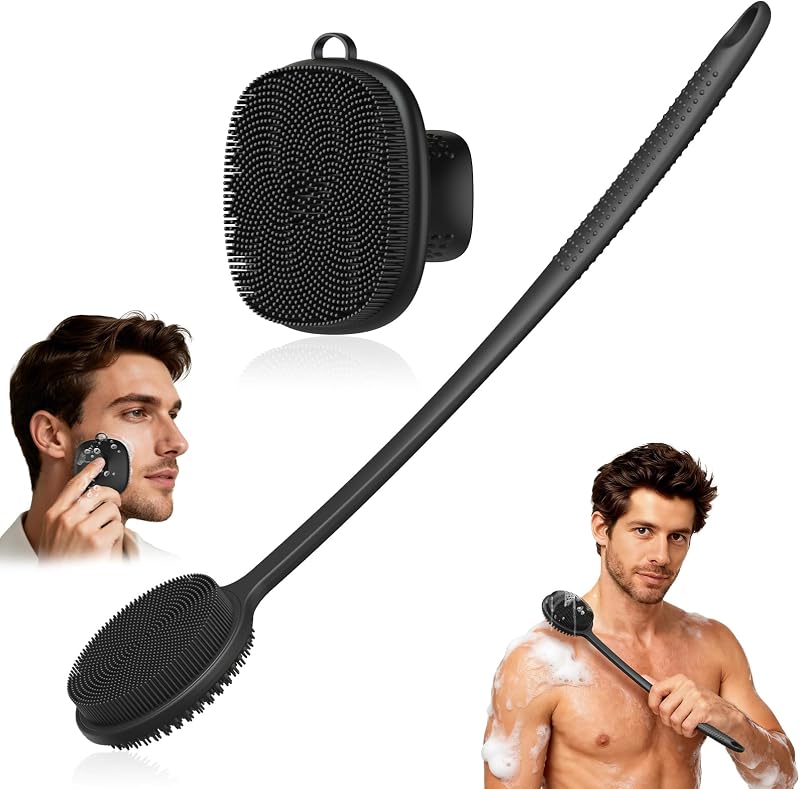 Kit VWMYQ com escova facial e escova corporal de silicone, cabo de 43,18 cm, 2 unidades