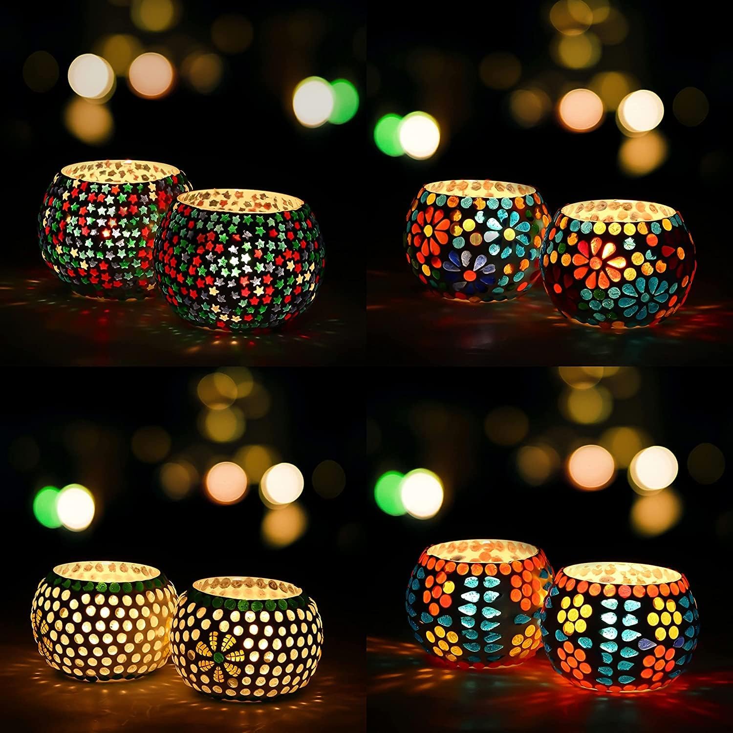 WebelKart Set of 8 Mosaic Glass Tealight Votive Candle Holder with Tea Light Candles for Living Room Home Décor Indoor Outdoor Christmas Decorations Items (Multicolor, Glass)