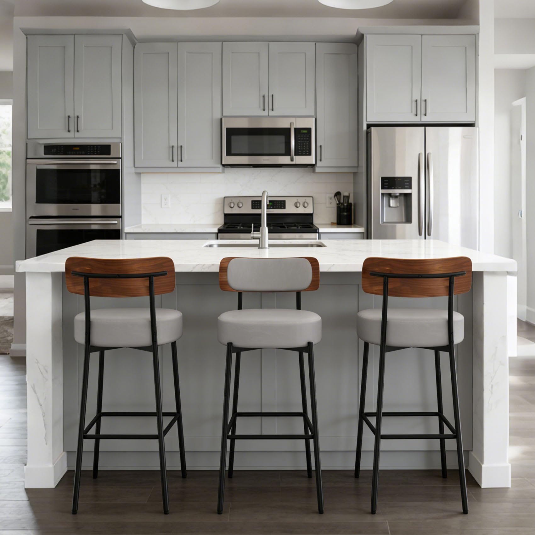 AurnaGle Grey Bar Stools Set of 3,Leather Counter Height Bar Stools,24" Modern Bar Stools,Upholstered Barstools with Wood Back for Kitchen Island, Bar