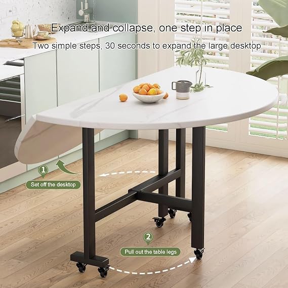 Round Drop Leaf Kitchen Dining Table with Wheels, Wood Versatile Collapsible Extension Dinner Kitchen Office Desk Table, Space Saving Folding Dining Table,Butterfly Table(Brown,100CM/39.3IN)