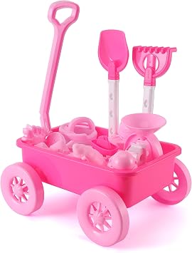 Liberty Imports 14 PCS Pink Princess Beach Wagon Plastic Toy Playset for Kids with Castle Molds, Sand Wheel, Water Pail, Play Tools and Featured Molds
