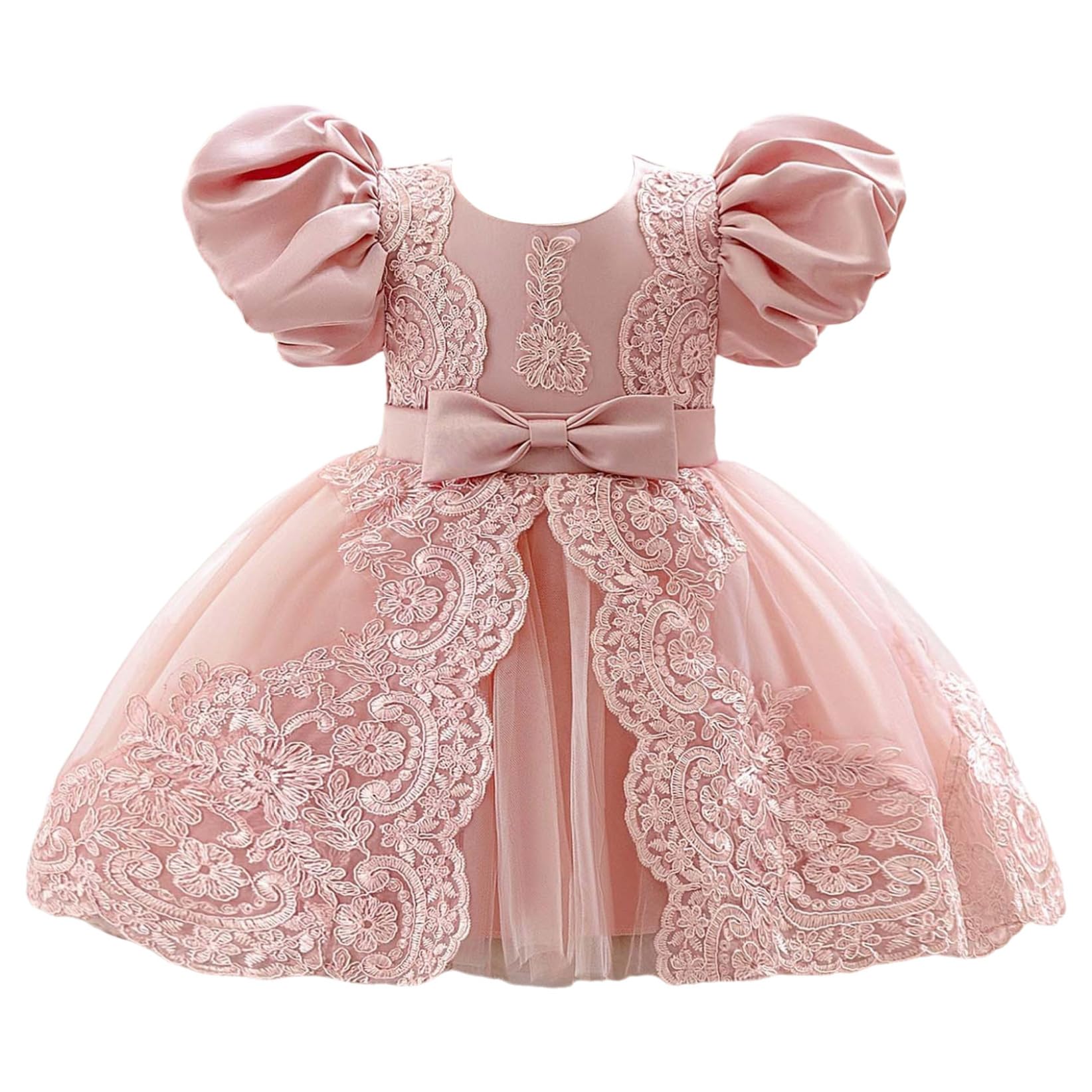 Vestito da Battesimo Bimba Neonata con Fiocco Maniche Corte a Sbuffo Abito Elegante da Principessa Tutu in Tulle per Festa di Compleanno Matrimonio Cerimonia