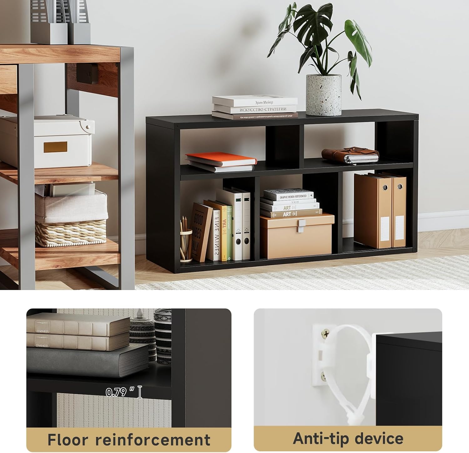 Metal 5 Cube Storage Organizer, Black Short Bookshelf with Storage, 2 Tier Cube Storage Shelf, Small TV Stand Entertainment Center, Side Table for Living Room, Office, Study, Easy Assembly