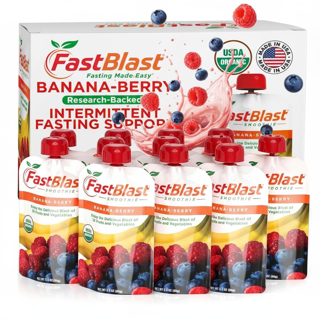 FastBlast Banana-Berry Smoothie. Supports Intermittent Fasting. Controls Appetite and Maintains Energy. USDA Certified Organic, Vegan, Non-GMO, Soy Free & No Added Sugar (12 Units)