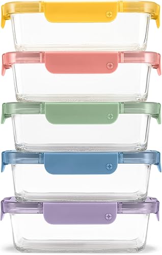 Ello Color Lock - Juego de 5 recipientes de vidrio para preparación de comidas de 3.4 tazas, 10 unidades, a prueba de fugas, con tapas de plástico