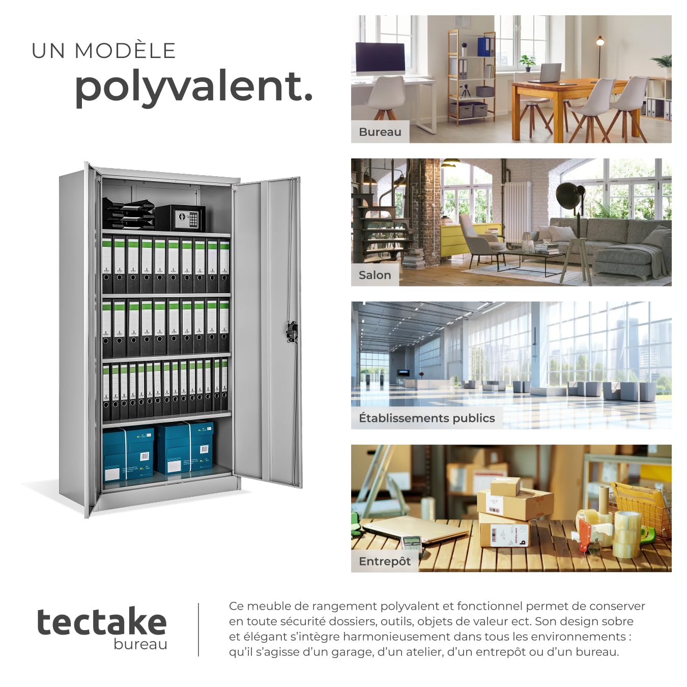 tectake Armoire de Bureau métallique 90 x 40 x 180 cm avec Serrure Rangement Bureau avec 5 Compartiments pour Classeur Rangement Documents Industriel Meuble 2 Portes, 4 Étagères Réglables en Hauteur
