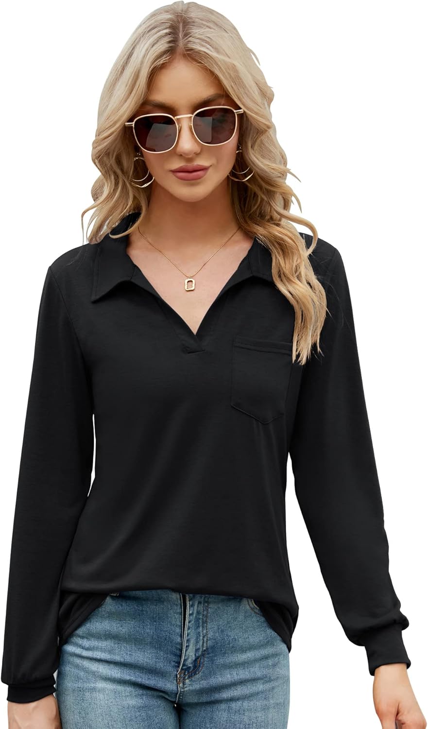 AKEWEI Womens V Neck Polo Shirts Short Sleeve Collared Tops Loose Casual Tunic Blouses with Pocket - Image 5