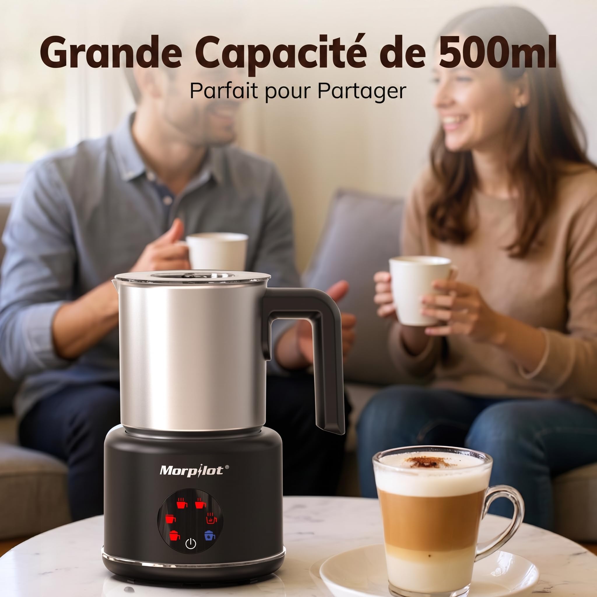 Morpilot Mousseur à Lait Électrique 6 en 1, 500ml 600W à Mousse Chaude Froide, Cacao, Lave-vaisselle Emulsionneur de Lait Divisé en Acier Inoxydable pour Cappuccino Macchiato Latte