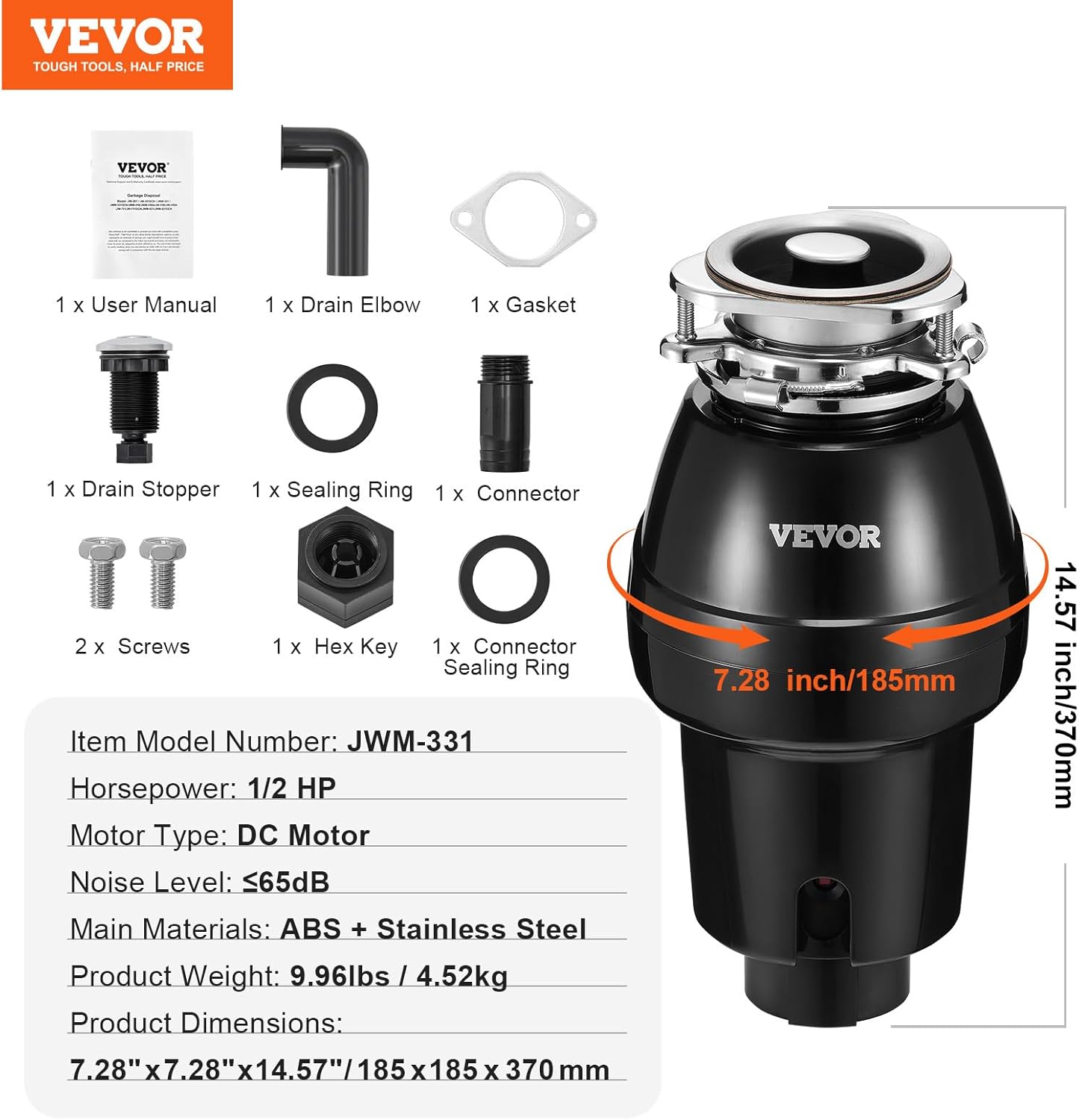 Diagram showing all included parts for the VEVOR JWM-331 Garbage Disposer