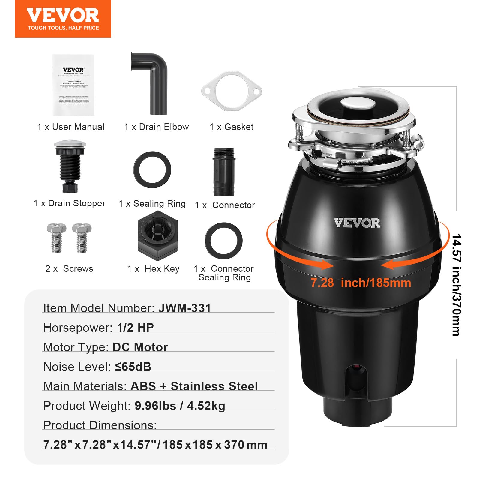 VEVOR Tritarifiuti per Lavello da Cucina, 0,37 kW, Sistema di Smaltimento Rifiuti Alimentari in Acciaio Inox, Montaggio 3 Bulloni, 3820 giri/min, con Cavo di Alimentazione, Paraspruzzi per la Casa