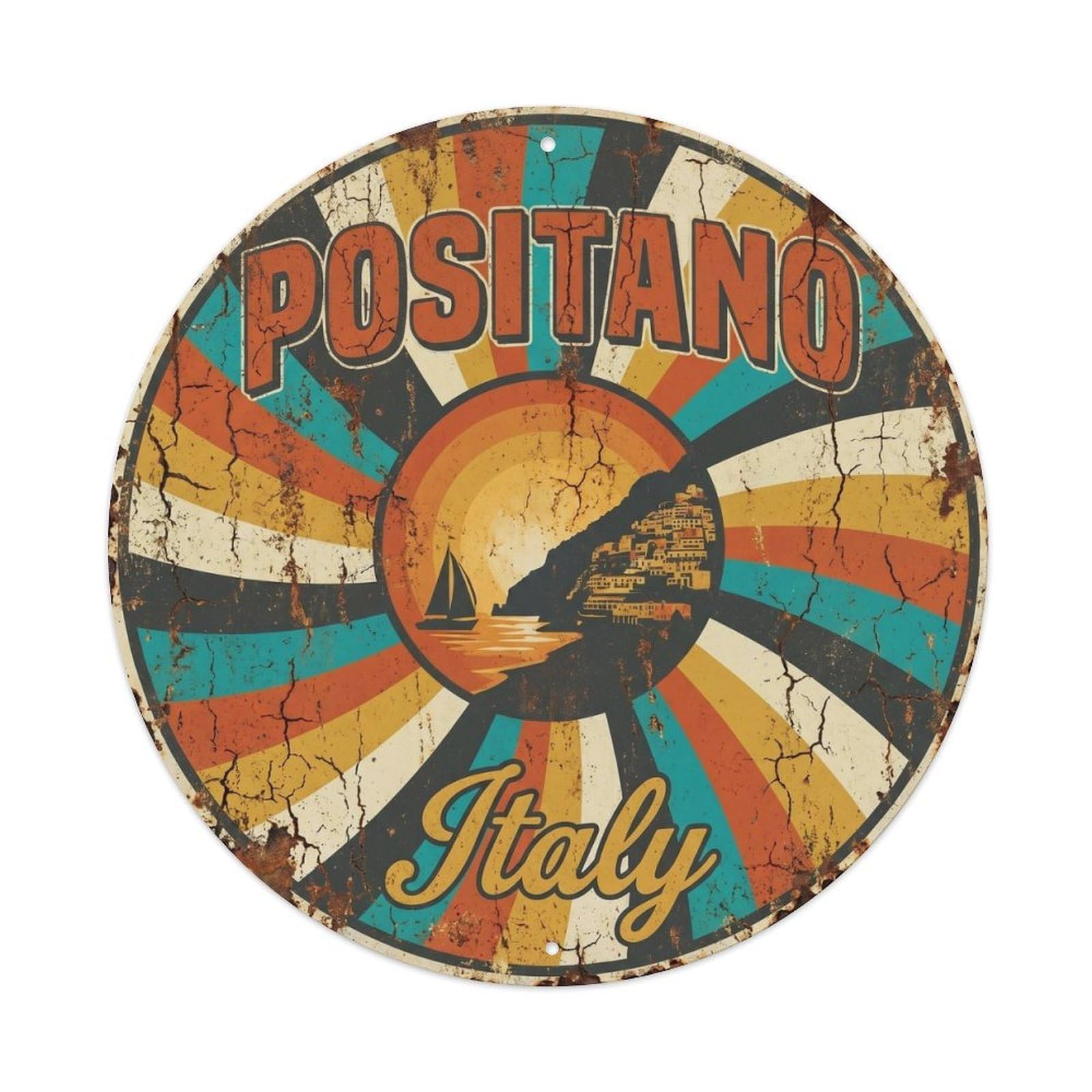 Mediterranean Italian Seaside Positano Southern Italy Metal Tin Sign Plaque Wall Decor for Cafe, Man Cave, Club Bar, Office, Home Garden Round Metal Poster 8x8Inch