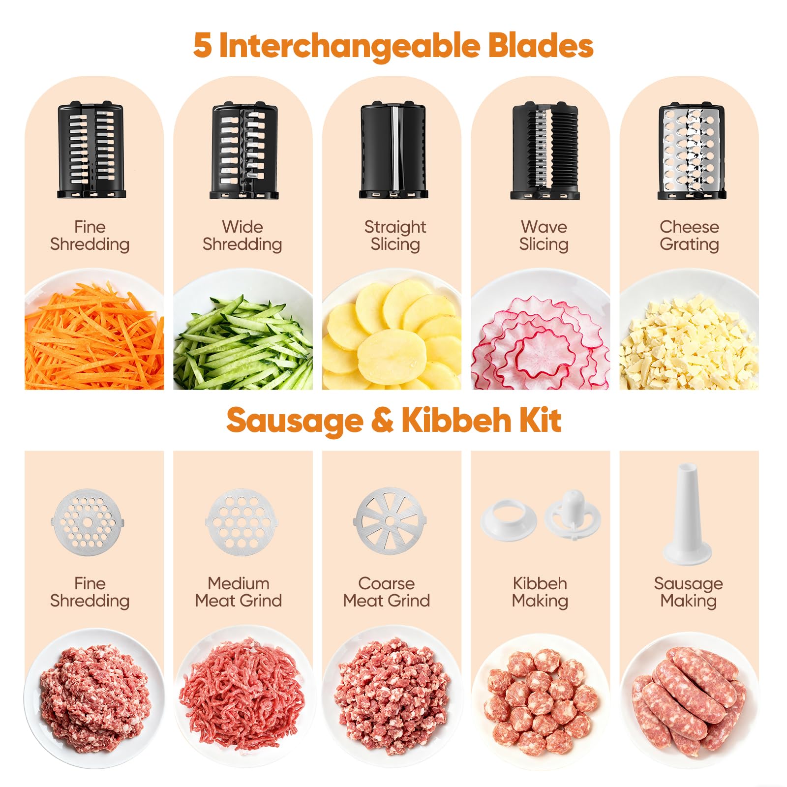 Hachoir à viande électrique,poussoir à saucisses,hachoir à viande et râpe à légumes électrique en acier inoxydable 2800W max,3 plaques de broyage,coupe-légumes avec 5 lames à trancher Kubbe