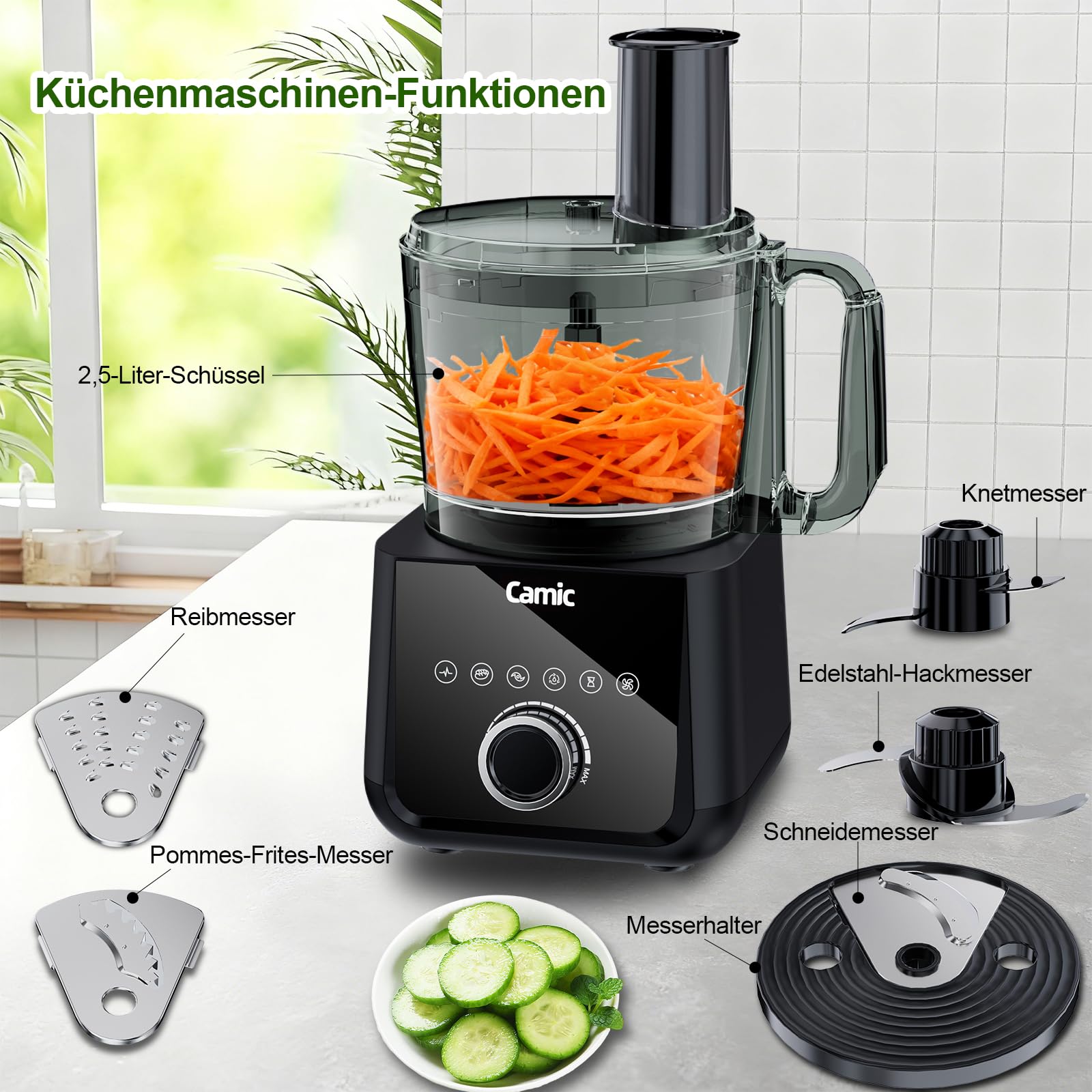 Camic Kompakte Küchenmaschine Food Processor 1500W Motor, 6 Funktionen, PowerChop, 3-in-1 Scheibe, Einfacher Zusammenbau, 2,5L Schüssel (Upgrade-Version)