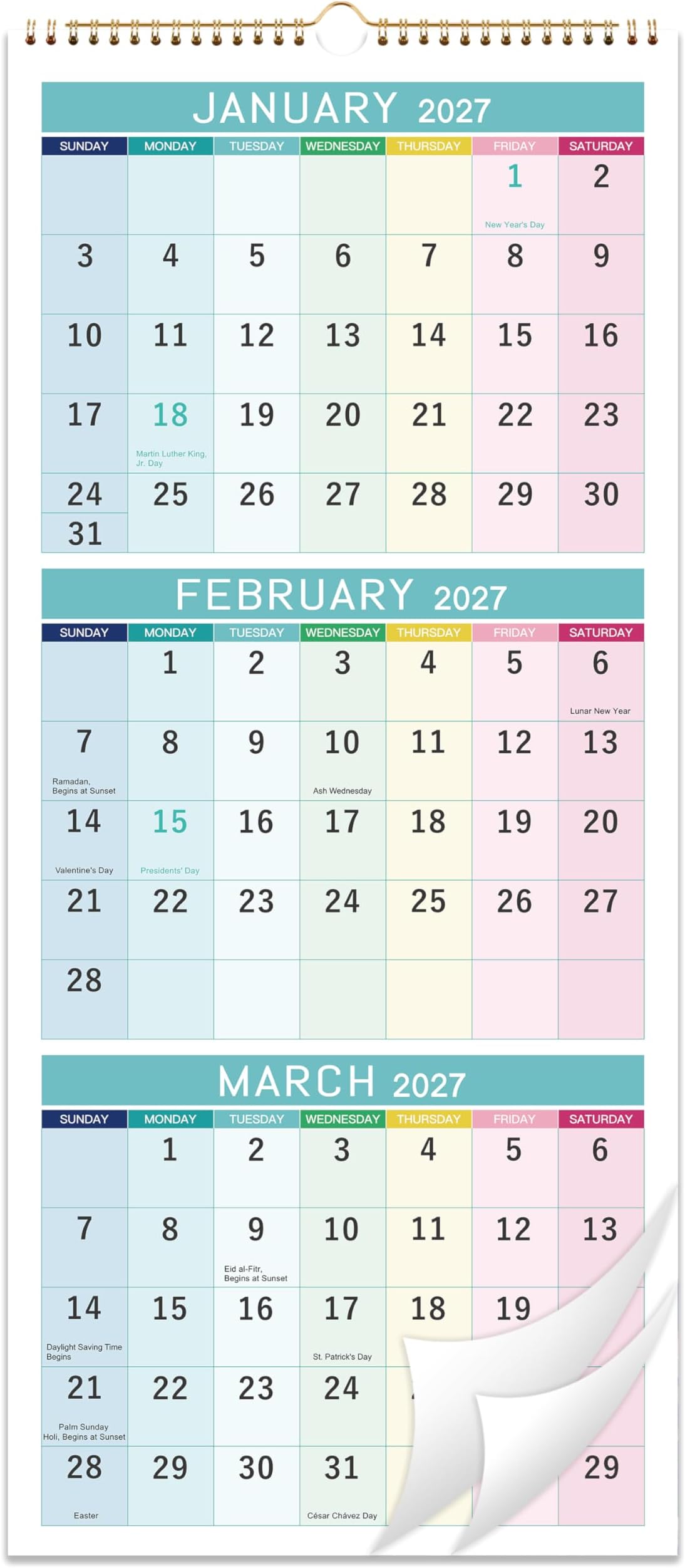 2027 Wall Calendar - 3 Month Calendar 2027 Display(Folded in a Month), JAN. 2027 - DEC. 2027, 11.25" x 26", 2027 Calendar Large, 3 Month Wall Calendar Vertical, Lay- Flat Organizing - Classic