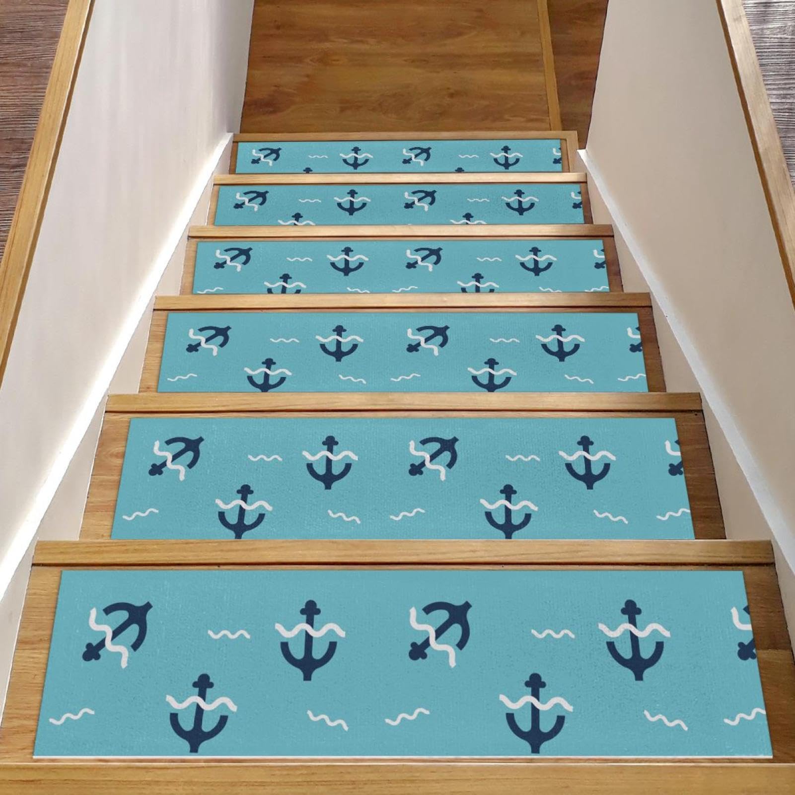 Tapis d'escalier antidérapants lot de 15 marches motif ancre bleue 20,3x76,2 cm