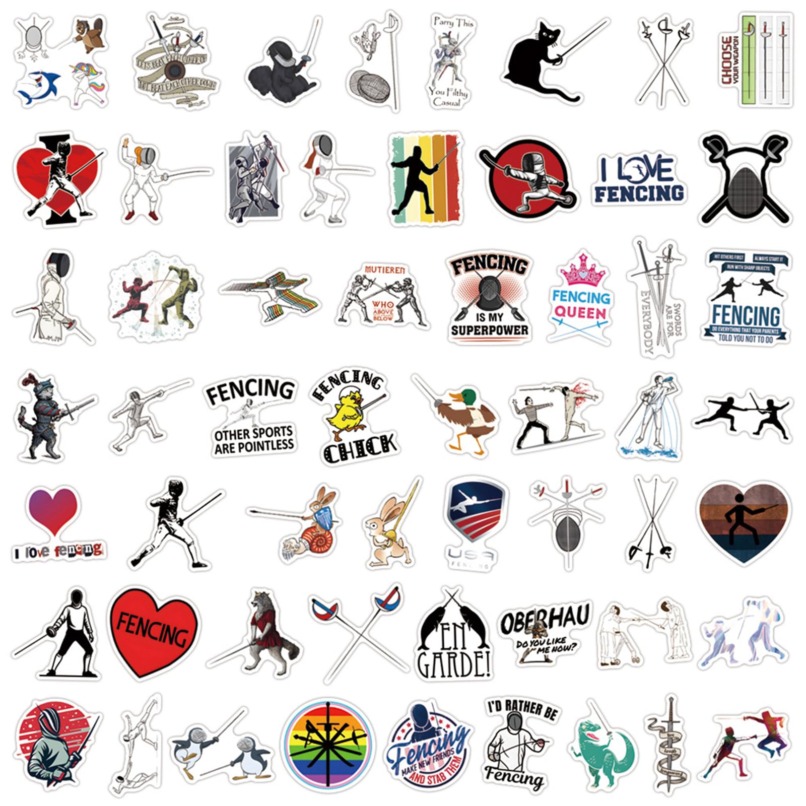 Fencing Stickers for Boy,55pcs Cute Fencing Gifts Sports Stickers for Kids Teens Adults, Sports Party Favor Waterproof PVC Decals for Water Bottle Laptop Skateboard Bicycle Suitcase Phone Case