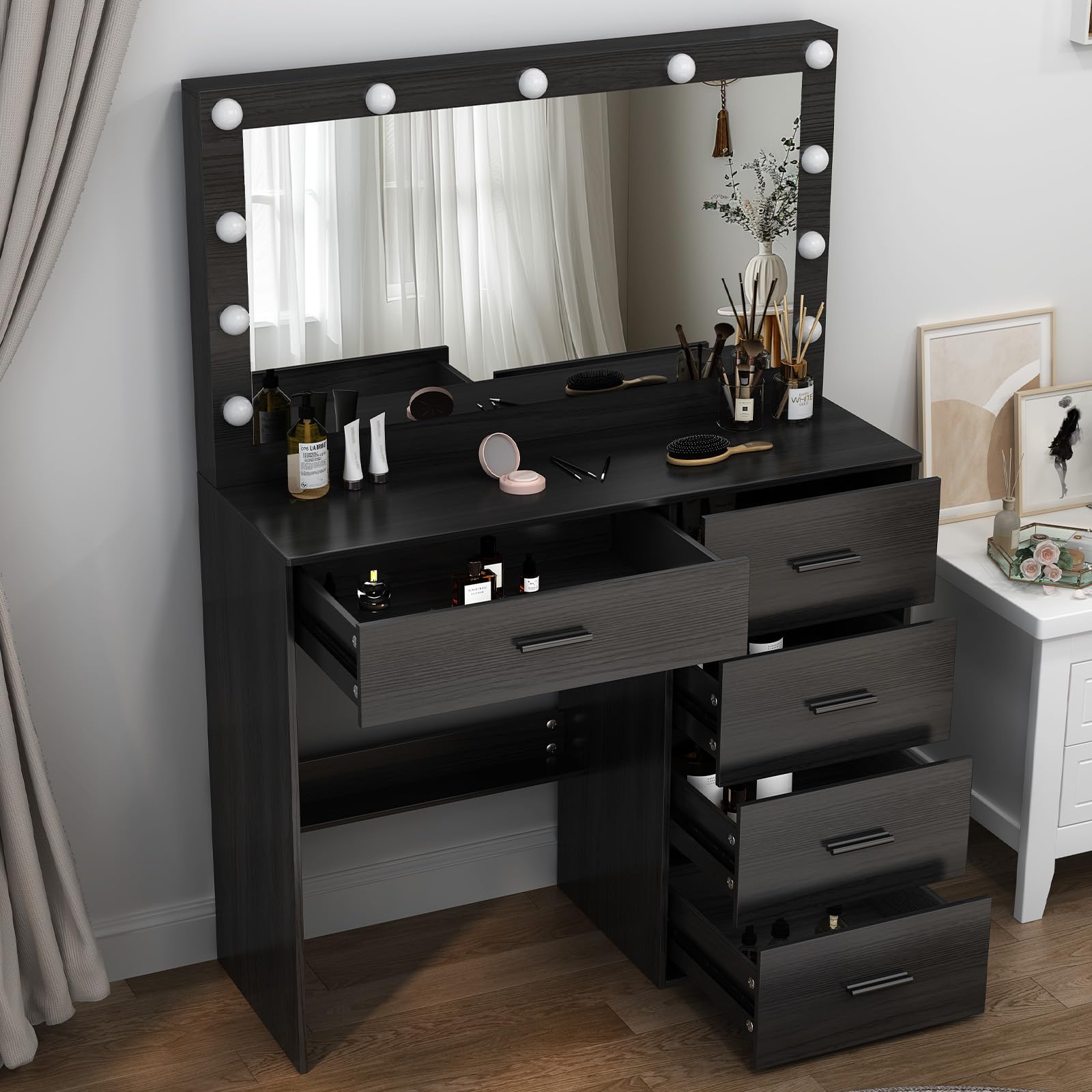 LIANWANGToeletta Trucco con Luci e Sgabello, Luminosità Regolabile, Toeletta Trucco con Specchio, Postazione Trucco, Moderno, Nero, 130 x 80 x 36 cm