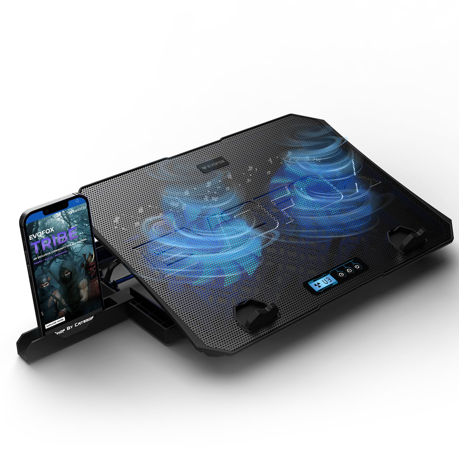 EvoFox Frost Plus Laptop Cooling Pad | Laptop Cooler Pad with Dual Fans, Blue LED Backlight, Iron Mesh Design, LCD Display, Adjustable Stand, Ultra-Quiet Dual USB Cooling Pad (Black)-image-34
