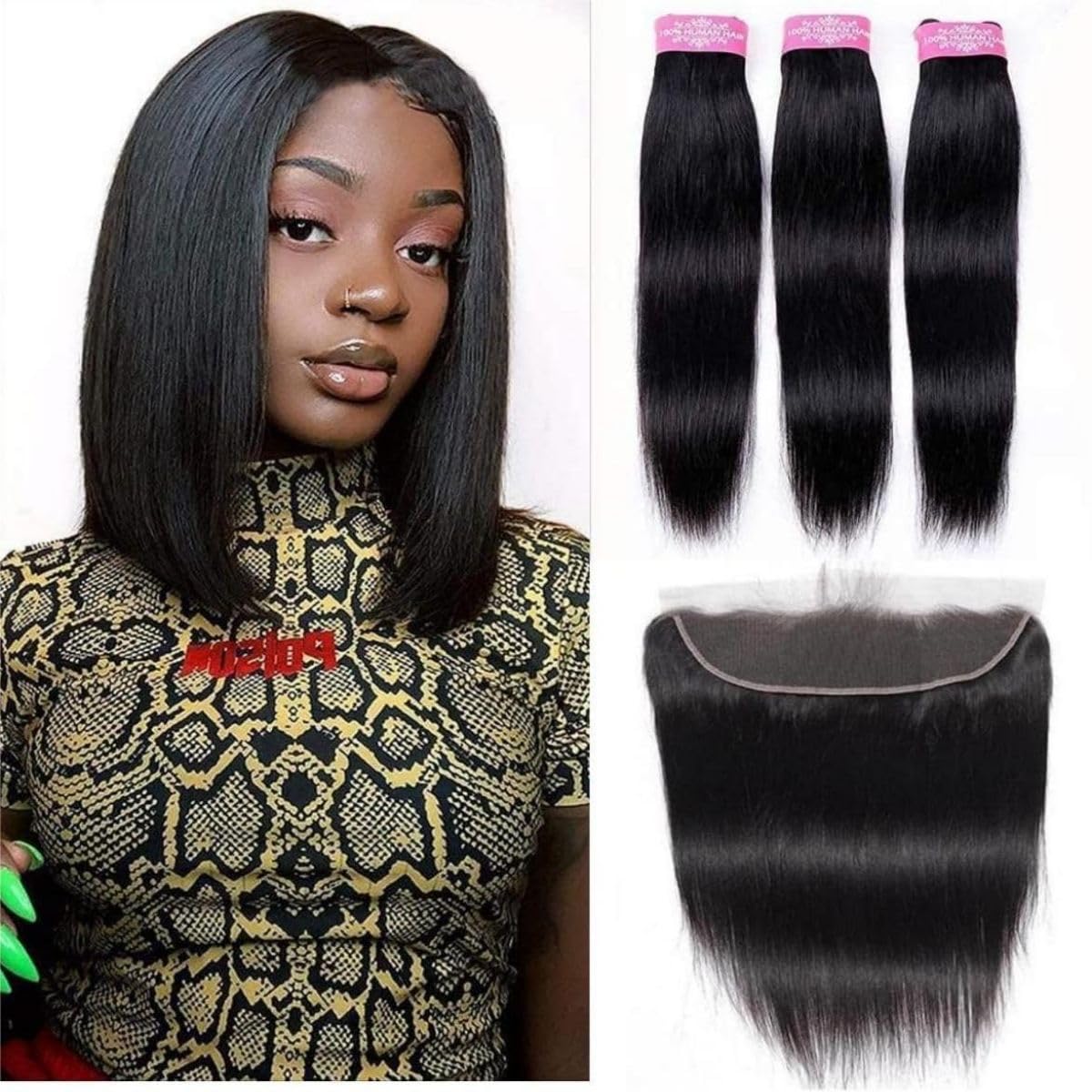 Sexycat Straight Bundles with 13x4 HD Lace Frontal Human Hair 12 14 16+10 Inch 100% Unprocessed Brazilian Virgin Hair Extensions Weave Weft Bundles with Lace Frontal
