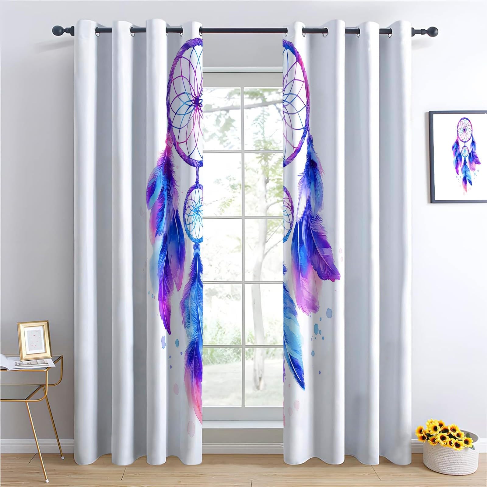 CozyRest Blackout Curtains for Kids Boys Girls, Watercolor Dream Catcher Print Eyelet Curtains, Thermal Insulated Window Drapes for Childrens Nursery Baby Playroom, 2 Panels 46 x 54 inch