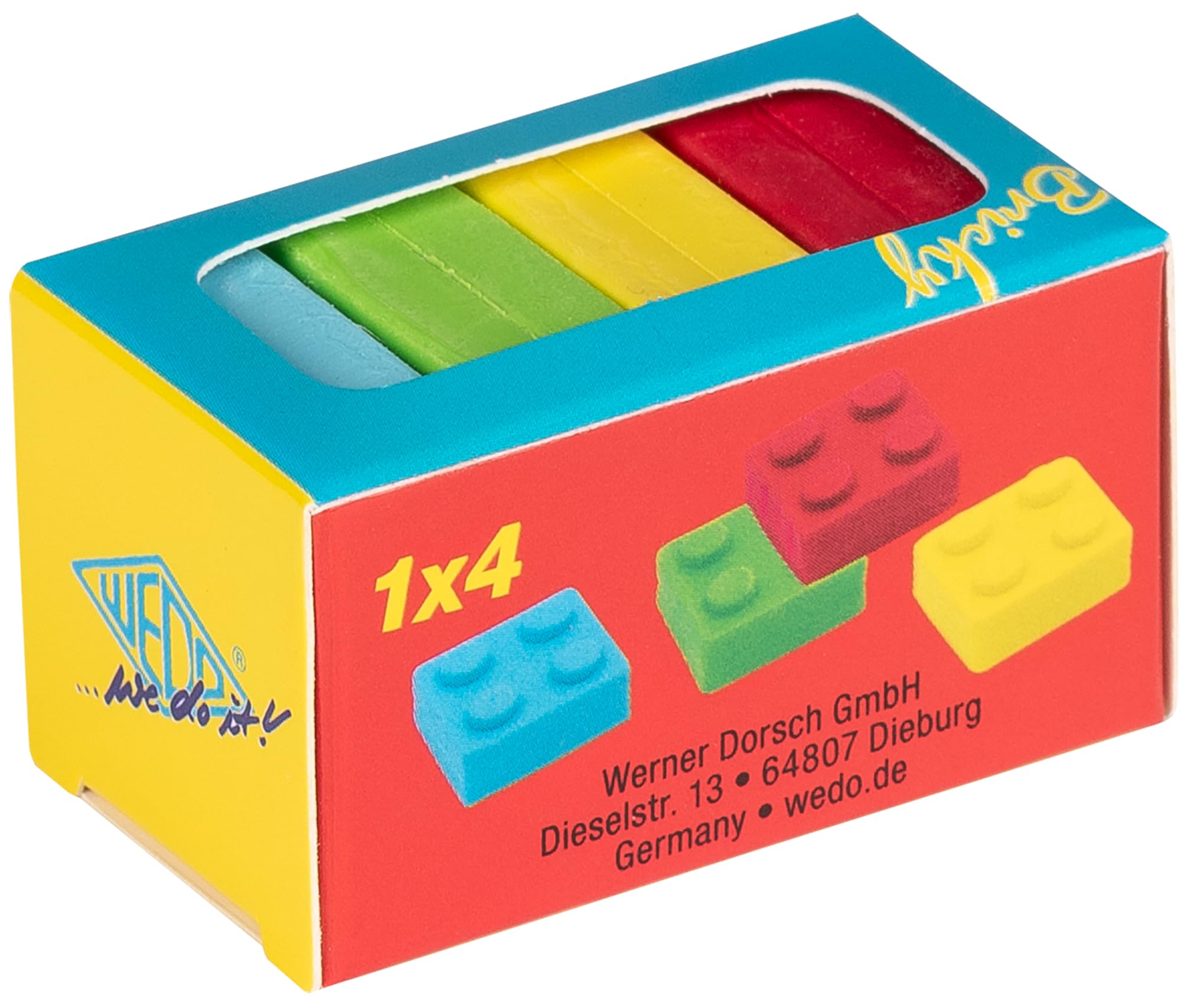 WEDO Bricky - Set di 4 gomme da cancellare a forma di mattoncini (rosso, blu, giallo, verde), plastica, senza PVC, ftalati e lattice, circa 2,5 x 2,5 x 1,3 cm
