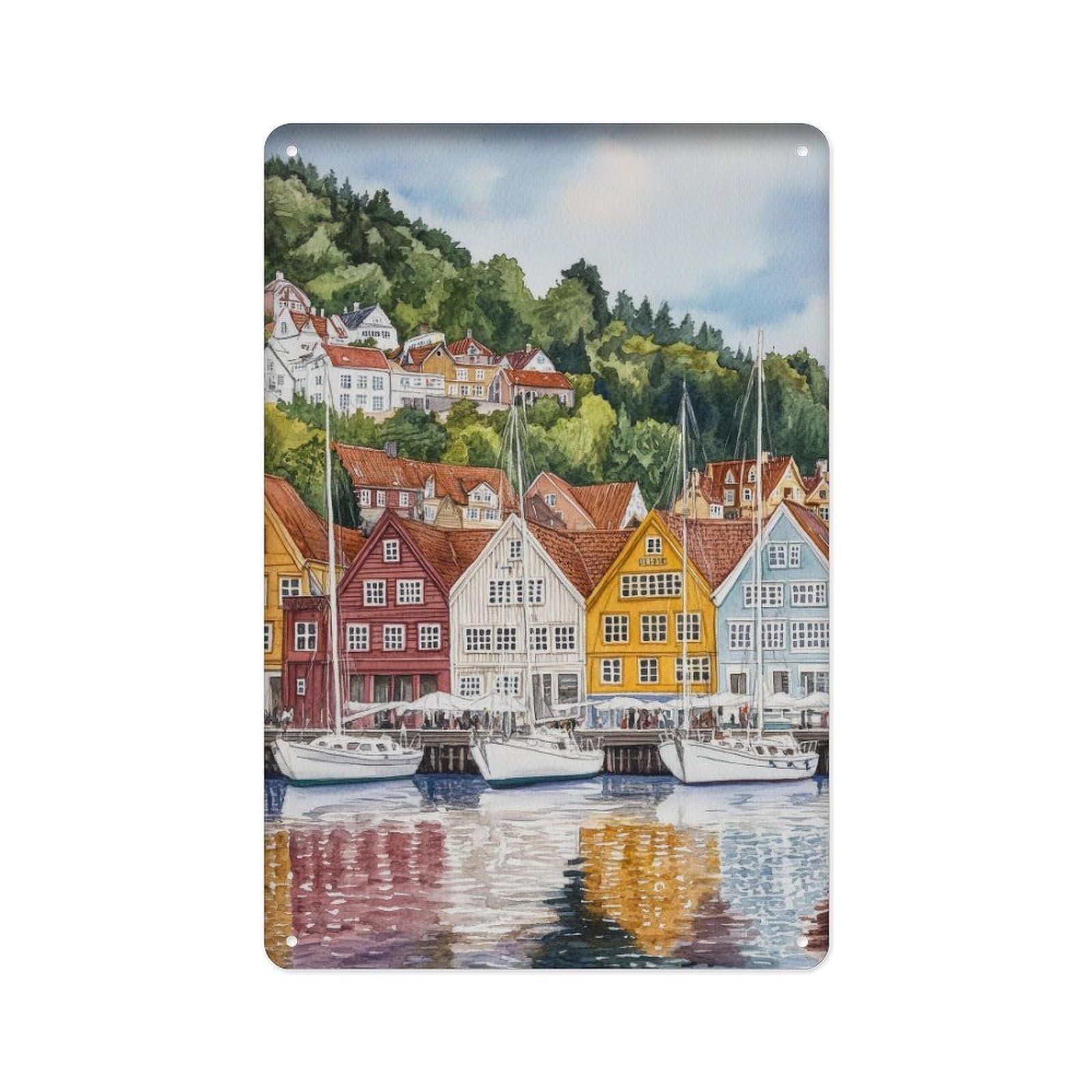 peiyeety Metal Tin Sign Bergen, Norway, Watercolor Painting, Art of Norwegian City, Bergen, Scenery, Harbor, Gift for Norwegian Enthusiasts 8 X 12 Inch