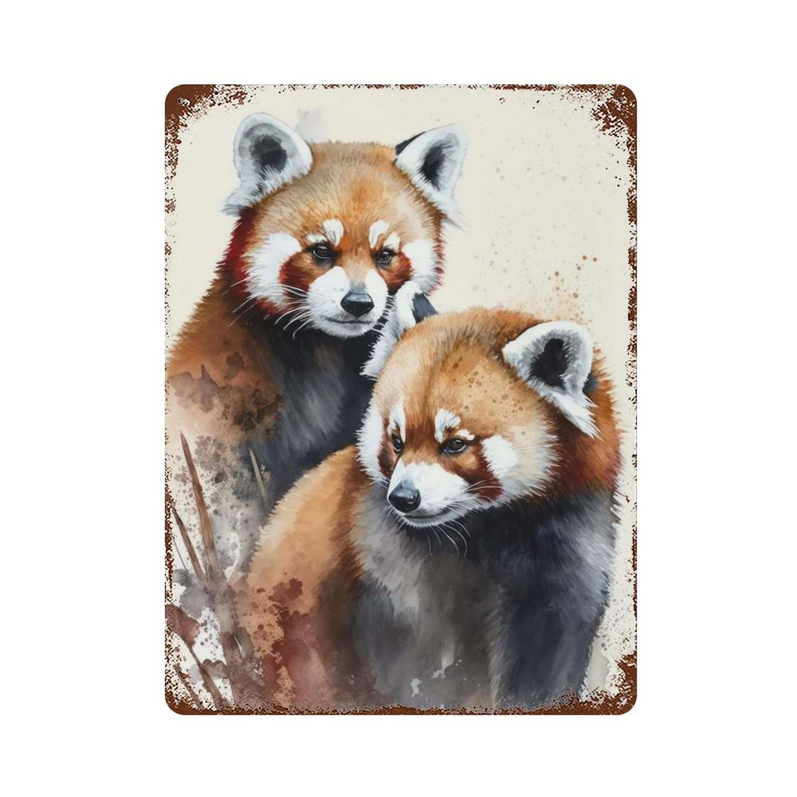Two Red Pandas Watercolor Aged Metal Wall Plaque 15.7"x11.8", Decorative Metal Wall Art for Garage, Pub Or Kitchen
