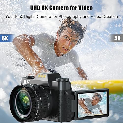 Miniatura 3 de Cámara digital 6K para fotografía, cámara de vlogging de 64MP para YouTube con pantalla abatible de 180 de 3 pulgadas, zoom automático de 16X,
