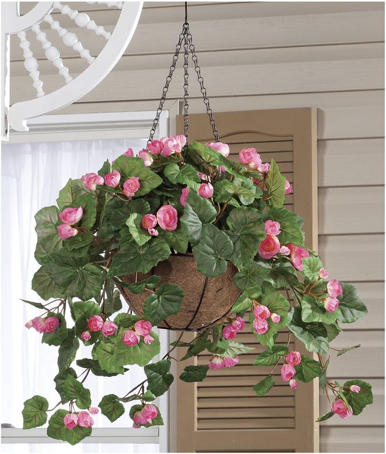 OakRidge Miles Kimball Fully Assembled Artificial Begonia Hanging Basket, 10” Diameter and 18” Chain – Pink Polyester/Plastic Flowers in Metal and Coco Fiber Liner Basket for Indoor/Outdoor Use