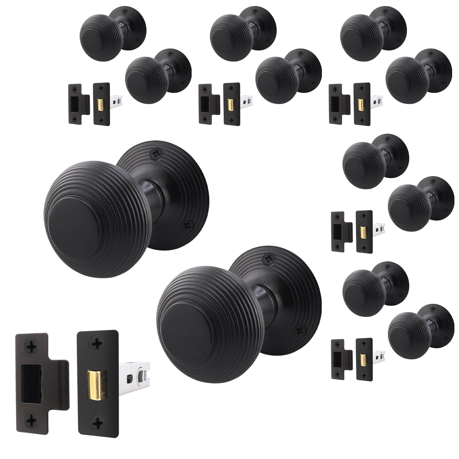 EAI Beehive Reeded Black Door Knob Set | 6 Pairs of Matt Black Mortice Knobs (55mm) & Latch (76mm) for Internal Doors