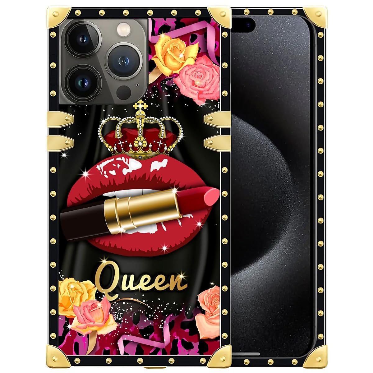 WANKBLC Compatible with iPhone 16 Pro Max Case, Queen Lip Crown Leopard Print Luxury Golden Decoration for Girl Women Soft TPU Shockproof Protective