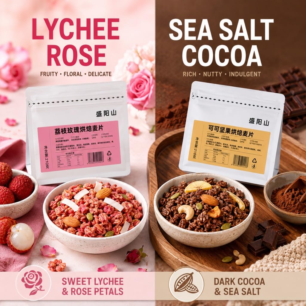 Granola Aux Fruits Et Noix 2 Saveurs : Litchi, Rose Sel De Mer, Cacao, Paquet (210 G Chacun) Céréales For Petit-déjeuner, Avoine Croquante Avec Vrais