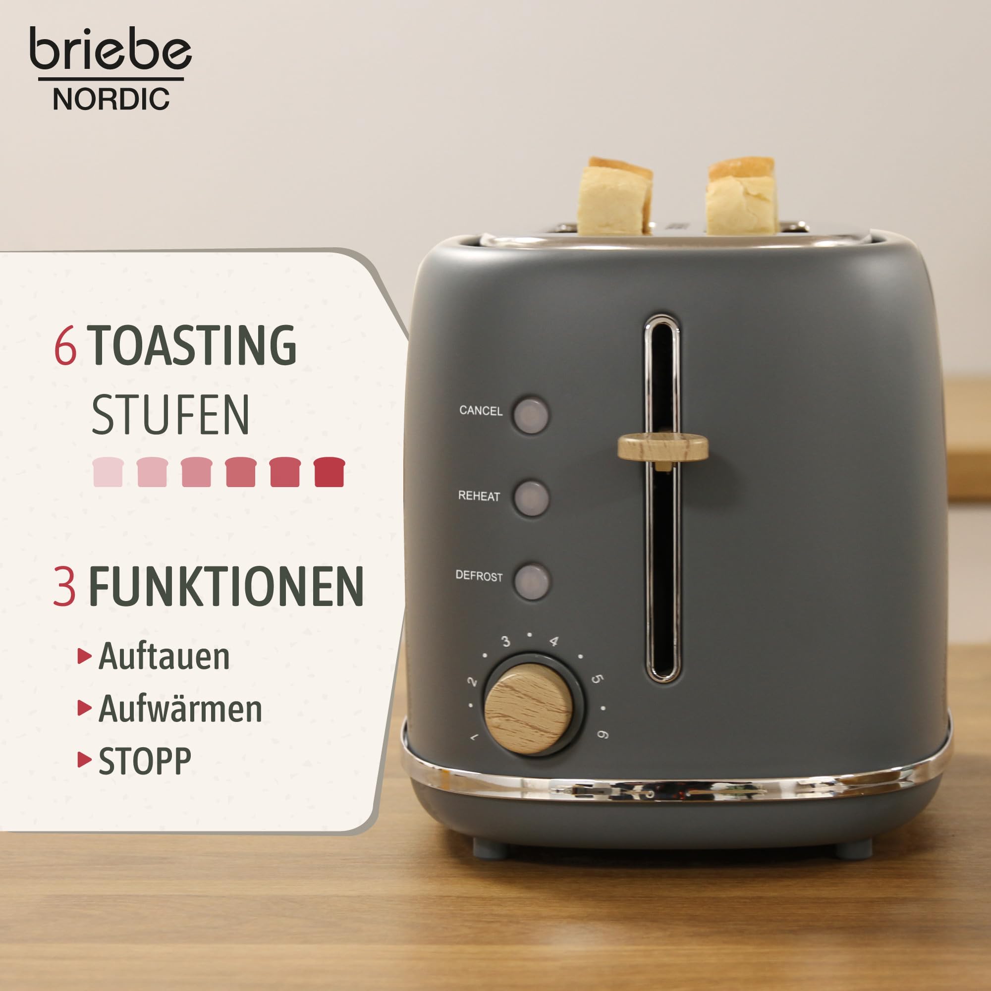 briebe Nordic Set Toaster 2 Scheiben Breite Schlitze Brötchenaufsatz 6 Toast Stufen Wasserkocher 1,7L 2200W BPA-frei Frühstücksset Grau