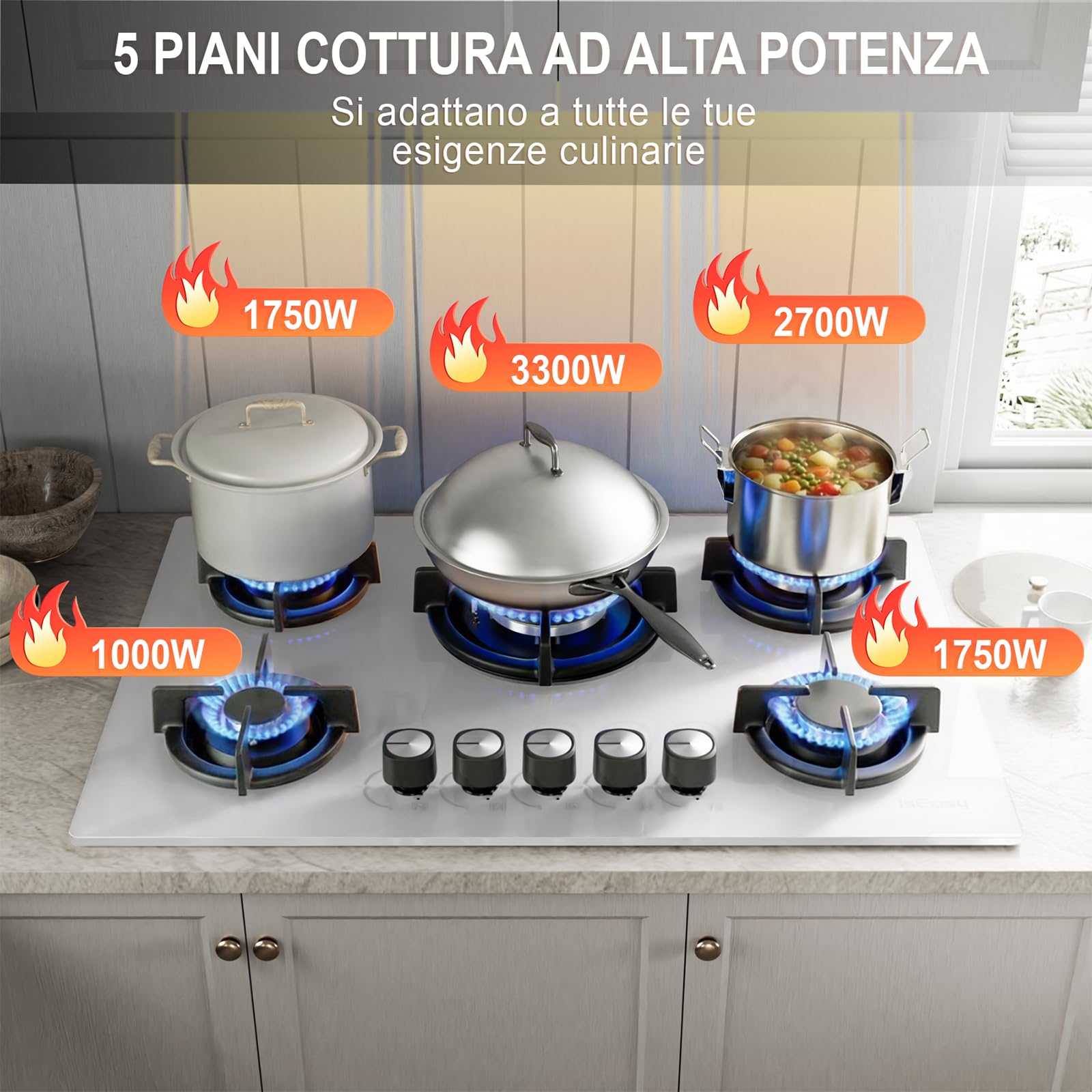 Piano Cottura Gas 5 Fuochi, Gas on Glass 77 cm da Incasso, Bruciatore Rapido, Bruciatore Wok, Precisa Regolazione della Fiamma(Dimensioni di taglio: 73 x 48 cm)