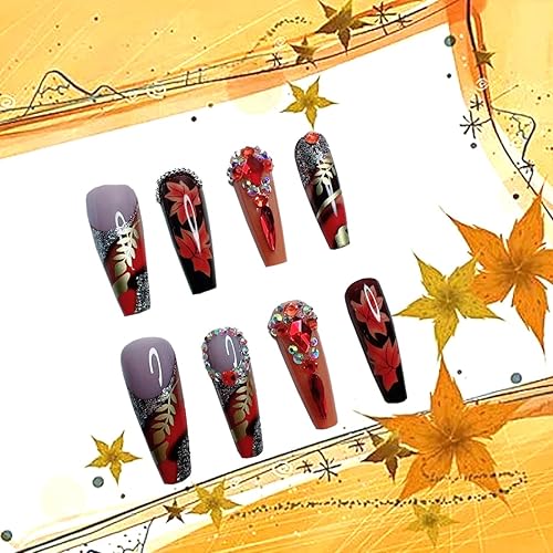 Miniatura 2 de 24 uñas postizas largas a presión con diseño de ataúd con diamantes de imitación, uñas postizas de cobertura completa, uñas postizas de otoño,