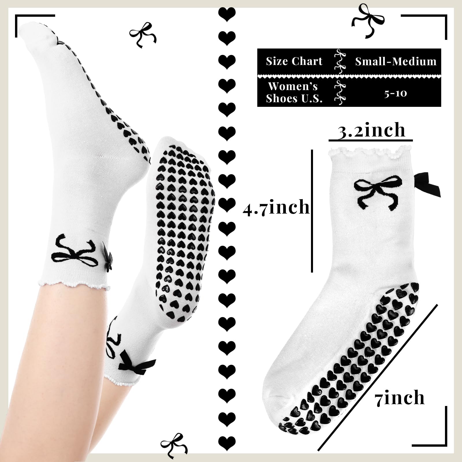 Coquette - Calcetines de pilates con lazo negro para mujer, transpirables, con volantes, puños con volantes, antideslizantes, calcetines atléticos, color blanco y negro, nailon satinado con